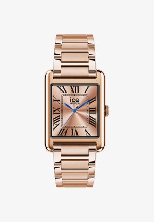 Rechthoekig roségoud horloge met Romeinse cijfers, blauwe wijzers en een metalen armband. Getextureerde wijzerplaat, gepolijste accenten.