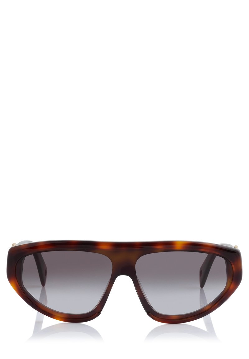 Schildpatt-Sonnenbrille mit einem dicken, eckigen Rahmen. Verlaufsgraue Gläser und subtile goldene Akzente an den Schläfen. Glatte Kunststoffoberfläche.