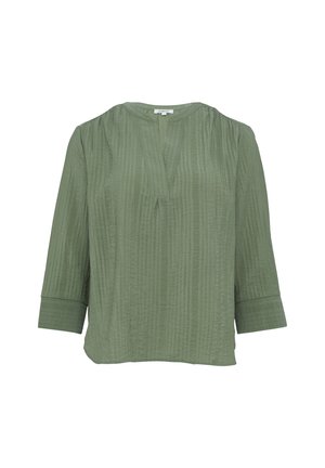 Losse, olijfgroene blouse met een V-vormige halslijn, driekwart mouwen en een textuurstof met verticale strepen.