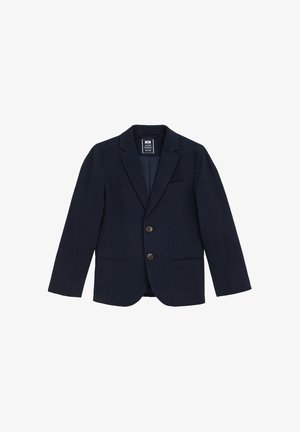 Námořnický modrý blazer s texturovanou tkaninou, dvěma předními knoflíky a jednou náprsní kapsou. Standardní klopy a dlouhé rukávy.