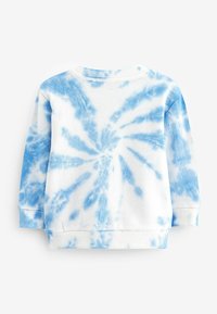 Blå tie-dye sweatshirt med vit botten, ribbad mudd och nederkant, samt ett virvlande mönster över ryggen. Mjuk tygg текстur.