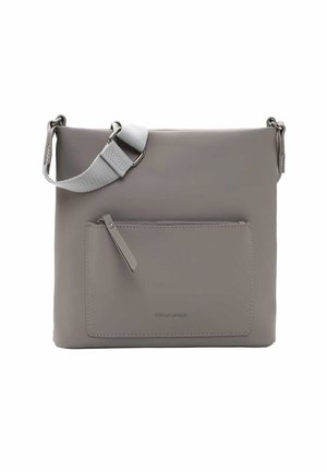 Gray synthetic crossbody bag with adjustable strap, front zip pocket, smooth texture, and embossed brand logo on the front.