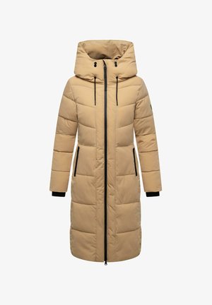 Beige pufferjack met een capuchon, verticale stiksels, een zwarte rits en zijzakken. Heeft zwarte manchetten en een rechte zoom.