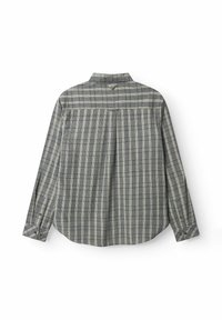 Cămașă cu mânecă lungă, cu un model în carouri gri și bej, guler ascuțit și manșete cu nasturi. Material moale, cu o croială relaxată.