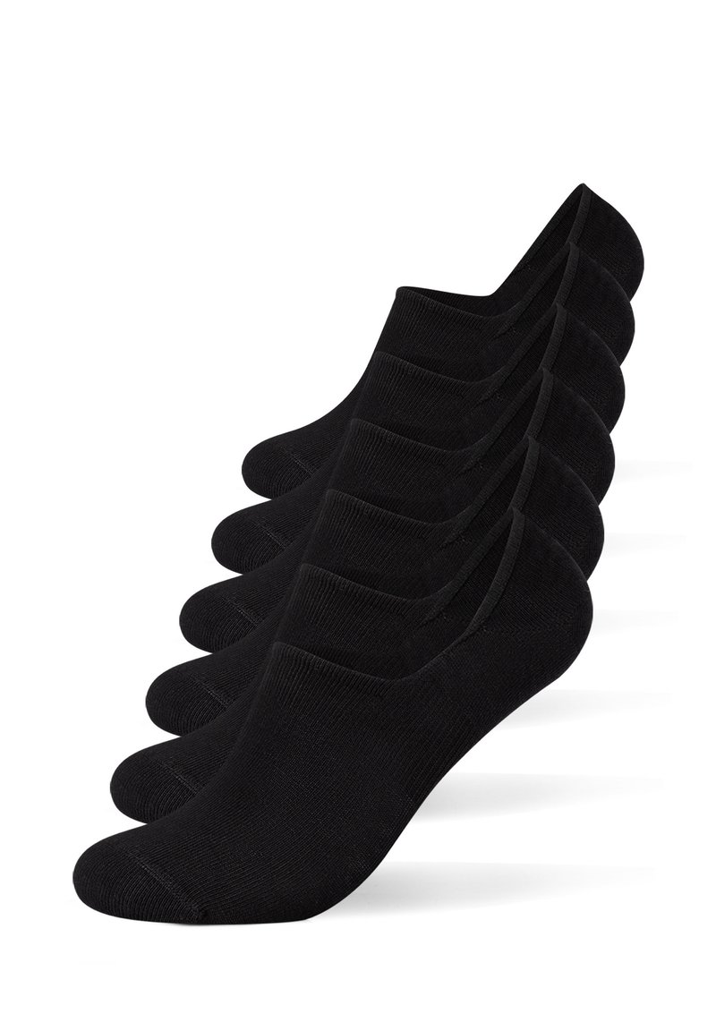 Sechs Paar schwarze Knöchelsocken aus einem glatten, dehnbaren Material mit verstärkten Fersen und Zehen sowie einem nahtlosen Design.