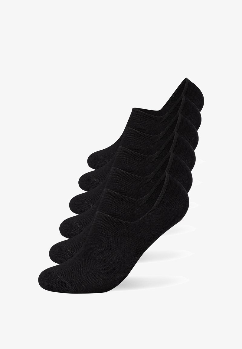 Sechs Paar schwarze Knöchelsocken aus einem glatten, dehnbaren Material mit verstärkten Fersen und Zehen sowie einem nahtlosen Design.