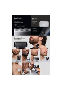 Men using various grooming trimmer heads for beard, body, stubble, contour, and ear/nose with product features highlighted.