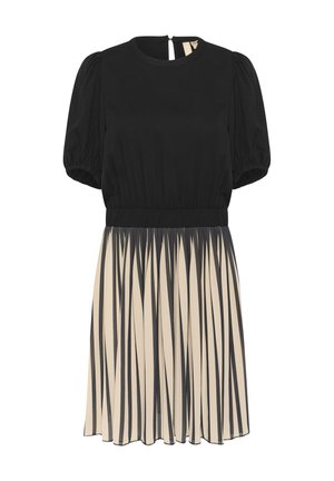 Black dress with short puff sleeves, smooth top section, elastic waist, and cream pleated skirt featuring vertical black stripes.
