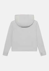 Light gray hooded sweatshirt with a smooth texture, long sleeves, and a rounded hood. Features side stitching and cuffs with thumb openings.
