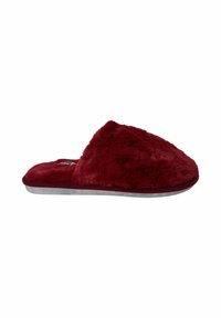 Pantufla roja de felpa hecha de material sintético, con un diseño fácil de poner, textura suave y esponjosa y suela plana.
