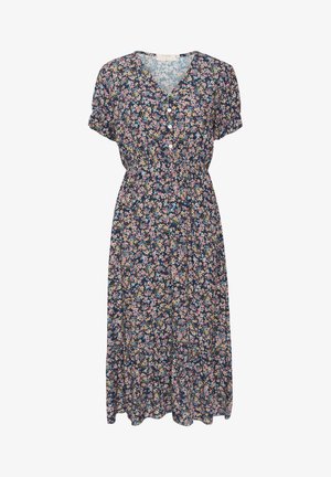 Bloemenjurk in diep zee blauw met korte mouwen, een V-hals en knopen aan de voorkant. Het patroon bevat kleine, kleurrijke bloemen door het geheel.