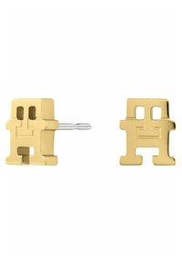 Orecchini a perno in tono oro a forma di figure cubiche, caratterizzati da una texture liscia e dettagli geometrici. Chiusura sicura per il fissaggio.