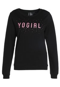 Černá dámská mikina s dlouhými rukávy, kulatým výstřihem, růžovým nápisem "YOGIRL" a malými třpytivými detaily nad nápisem.