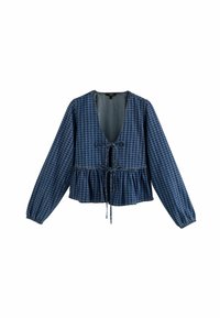 Dark blue gingham blouse with a deep V-neck, puffed sleeves, and a gathered peplum hem, featuring ties at the neckline for adjustment.