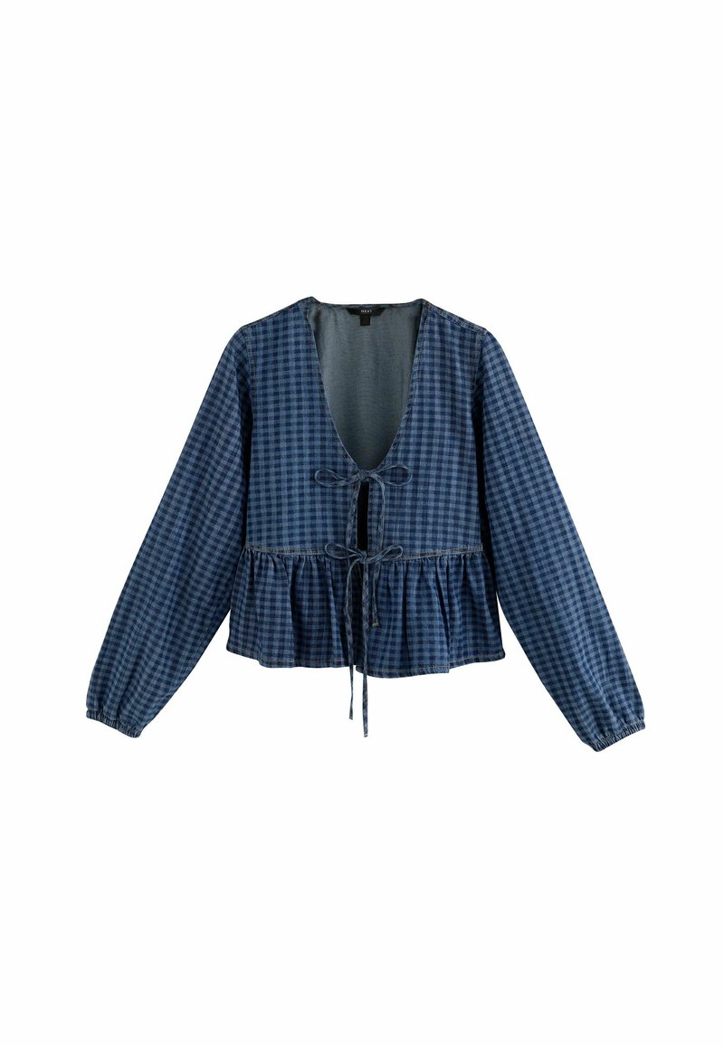 Dark blue gingham blouse with a deep V-neck, puffed sleeves, and a gathered peplum hem, featuring ties at the neckline for adjustment.