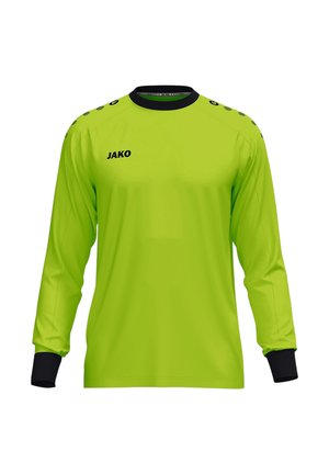 Langärmliges, knallgrünes Sporttrikot mit schwarzen Bündchen, schwarzem Kragen, Schulterpunkten und dem JAKO Markennamen auf der Brust.