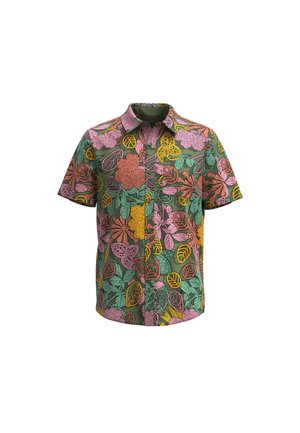 Kortemouw overhemd met een donkergroene basis voorzien van levendige bloemen- en bladerenpatronen in roze, geel en groen. Katoenen materiaal.
