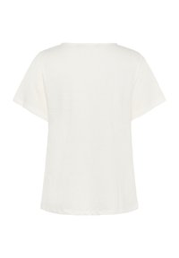 T-shirt bianco a maniche corte realizzato in morbido cotone, con un semplice collo rotondo e una vestibilità rilassata e senza decorazioni, caratterizzato da una texture liscia.