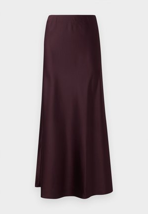 Jupe midi en satin bourgogne avec une texture lisse, une taille ajustée et un ourlet fluide, dotée d'une fente latérale pour plus de facilité de mouvement.