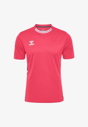 Lyserød sportstrøje lavet af letvægts, åndbart stof. Har en rund halsudskæring, korte ærmer, hvidt logo og sorte sideliner.