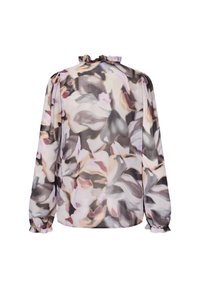 Gennemsigtig bluse med lange ærmer og flæsekrave, prydet med et blomsterdesign i afdæmpede nuancer af grå, pink og beige. Pufærmer ved manchetterne.