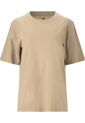 Beige kortärmad T-shirt med rund halsringning. Tillverkad av mjukt tyg, med en avslappnad passform och utan synliga mönster eller hårdvara.
