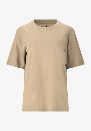 Beige T-shirt met korte mouwen en een ronde hals. Gemaakt van een gladde stof, met een relaxte pasvorm en zonder zichtbare patronen of hardware.