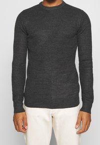 Mörkgrå stickad tröja med rund halsringning, långa ärmar och strukturerad finish. Bärs tillsammans med ljusa byxor.