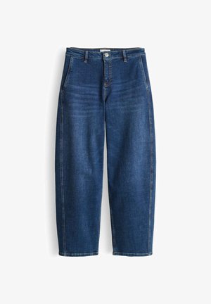 Donkere blauwe spijkerbroek met hoge taille, wijd uitlopende pijpen, voorzakken en zichtbare stiksels langs de naden en de zoom.