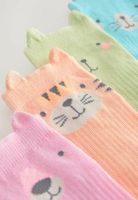 Colorful animal-themed socks in pink, orange, green, and blue, with animal faces and ears at the top; soft knit fabric, ribbed texture.