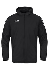 Veste coupe-vent noire avec fermeture éclair sur le devant, capuche, poignets élastiques et logo gris "JAKO" sur la poitrine. Comprend trois points gris comme accents sur les manches.
