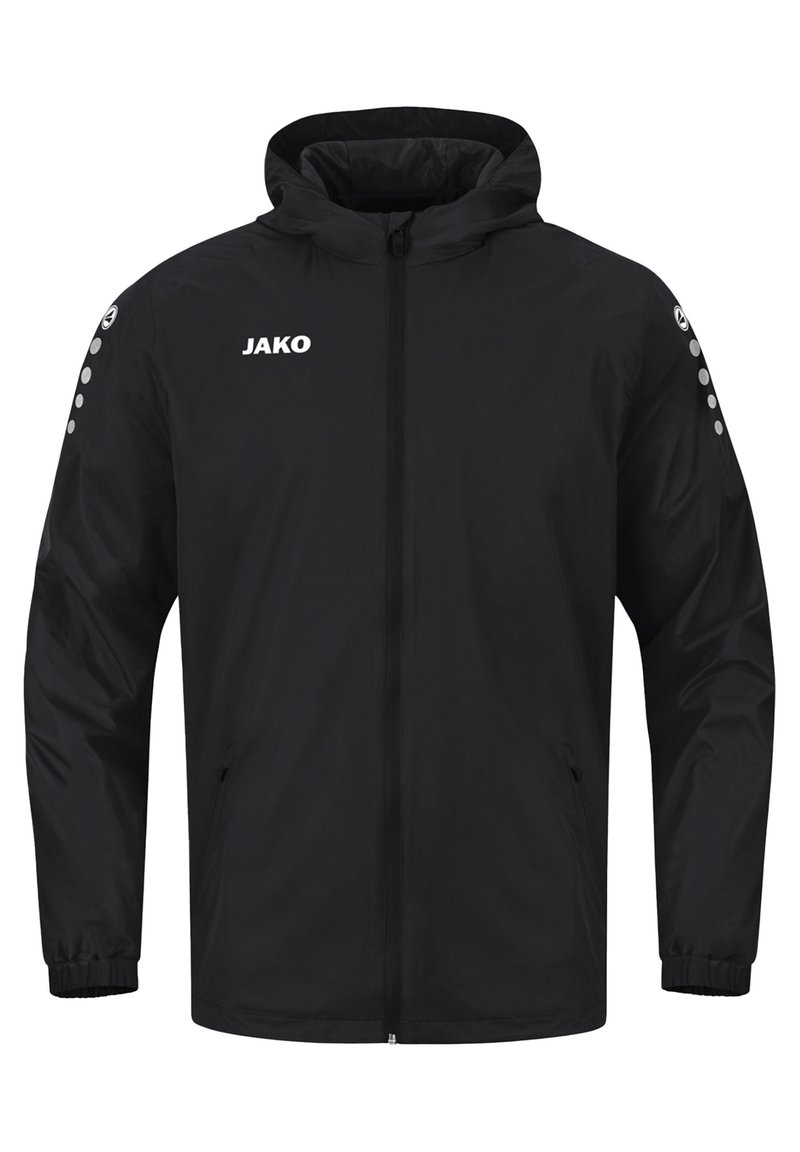 Veste coupe-vent noire avec fermeture éclair sur le devant, capuche, poignets élastiques et logo gris "JAKO" sur la poitrine. Comprend trois points gris comme accents sur les manches.