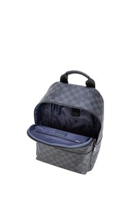 Grijze geruite rugzak gemaakt van gestructureerde stof. Heeft een vak met rits en een verwijderbare ritstas, evenals een bovenhandvat.