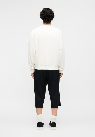 Άνδρας με σγουρά μαλλιά, φοράει λευκό πουκάμισο με μακριά μανίκια, μαύρο κοντό παντελόνι, λευκές κάλτσες και μαύρα αθλητικά παπούτσια, στέκεται με την πλάτη προς το μέρος μας.