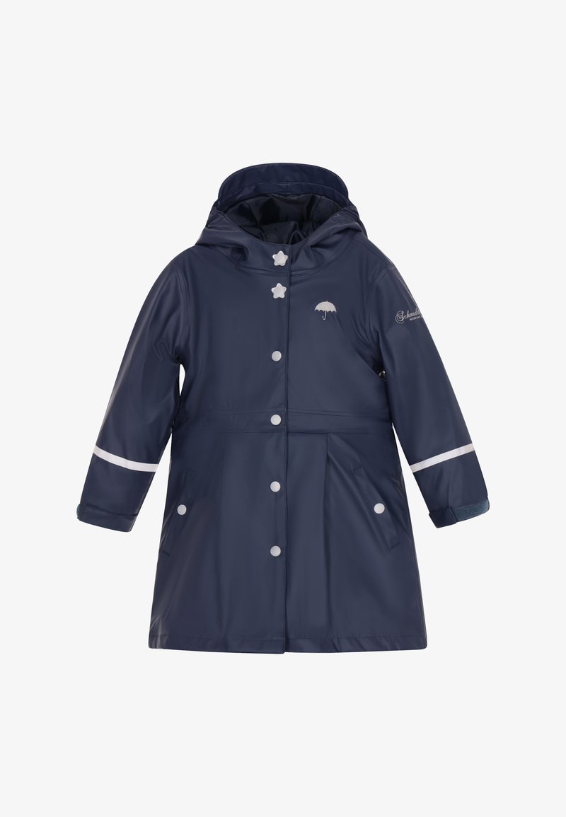 Jūrų tamsiai mėlynas vandeniui atsparus lietpaltys su kapišonu, baltais žvaigždės formos mygtukais, atspindinčiomis juostomis ir skėčio logotipu ant krūtinės. Lygus paviršius.