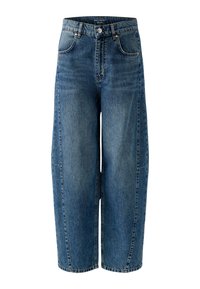 Hellblaue Ballon-Jeans aus Denim, gefertigt mit hoher Taille, weitem Bein und kontrastierender Naht. Inklusive Fronttaschen und Knopfverschluss.