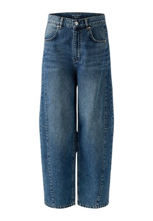 Hellblaue Ballon-Jeans aus Denim, gefertigt mit hoher Taille, weitem Bein und kontrastierender Naht. Inklusive Fronttaschen und Knopfverschluss.