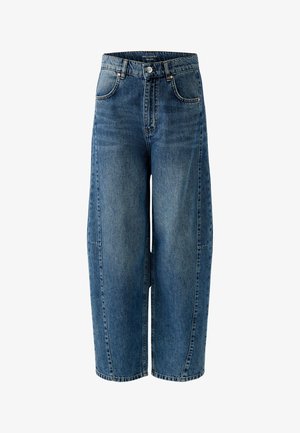 Light blue balloon fit jeans made of denim, featuring a high waist, wide legs, and contrast stitching. Includes front pockets and button closure.