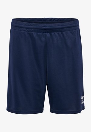 Pantalones cortos deportivos azul marino elaborados con una tela suave y ligera, con una banda elástica en la cintura y un pequeño logotipo en la parte inferior derecha.