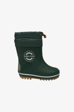 Zaļš gumijas zābaks ar adītu augšdaļu, kuram ir aukliņas aizdare un pelēks logotips. Rakstaina zole labākai saķerei, balti akcenti apakšējā daļā.