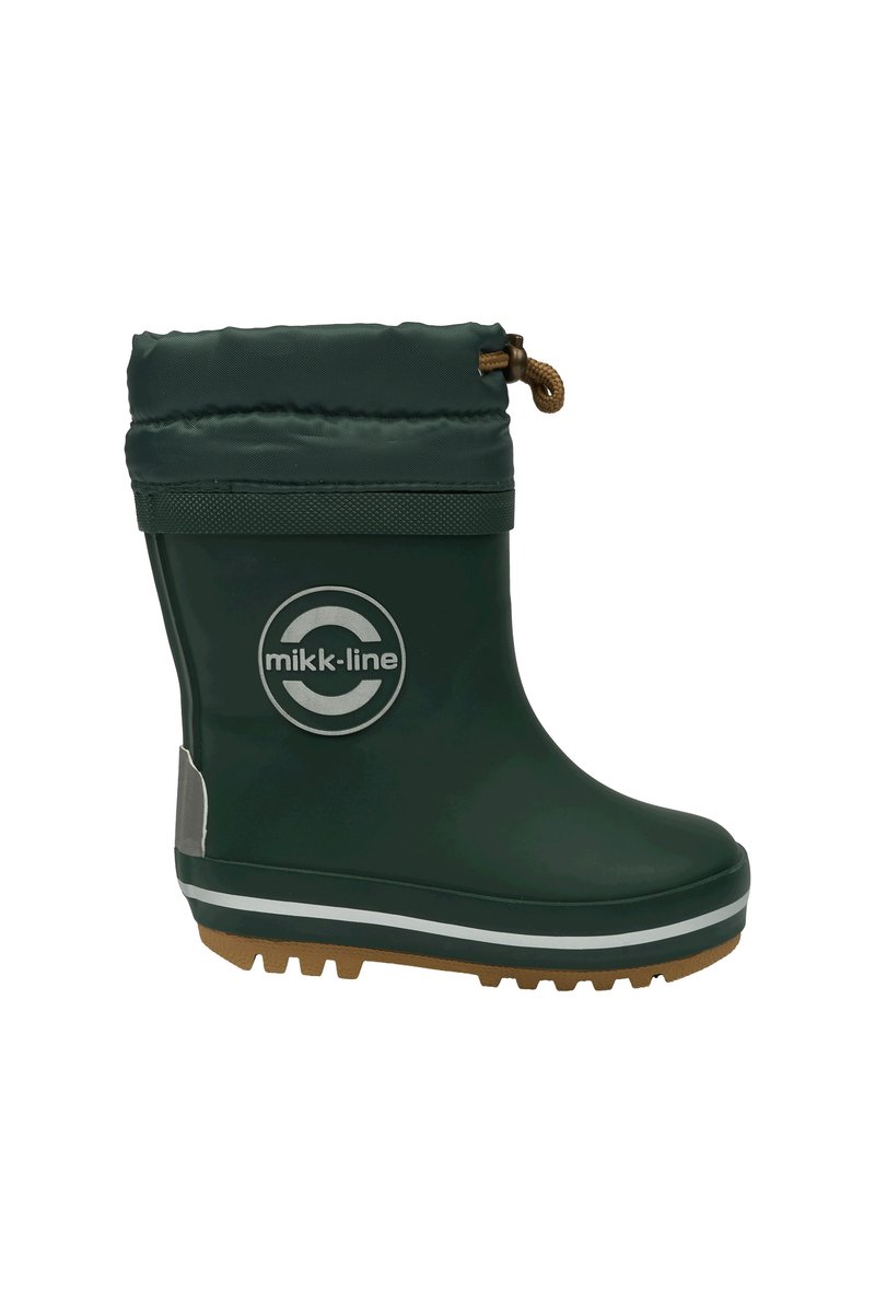 Groene rubberen laars met een gebreide bovenkant, voorzien van een trekkoordsluiting en een grijs logo. Getextureerde zool voor grip, met witte accenten langs de basis.
