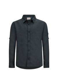 Camicia a maniche lunghe verde scuro con bottoni realizzata in tessuto testurizzato. Presenta un colletto, bottoni frontali e polsini arrotolati con piccoli dettagli.