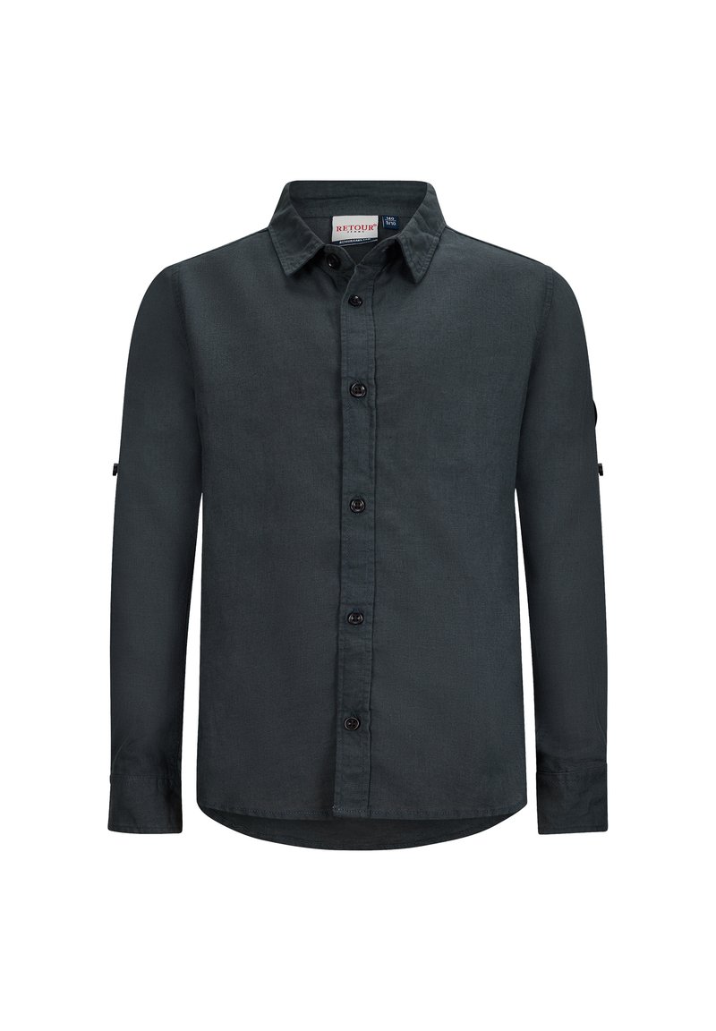 Camicia a maniche lunghe verde scuro con bottoni realizzata in tessuto testurizzato. Presenta un colletto, bottoni frontali e polsini arrotolati con piccoli dettagli.
