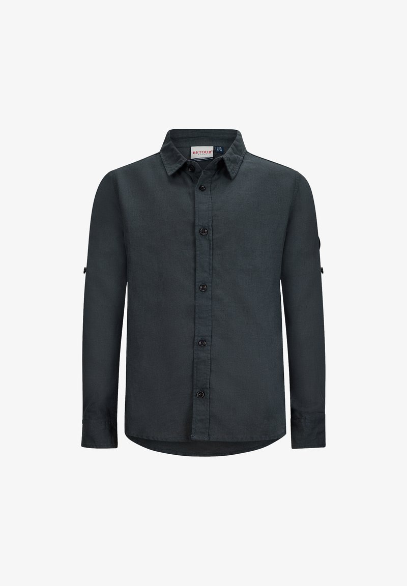 Camicia a maniche lunghe verde scuro con bottoni realizzata in tessuto testurizzato. Presenta un colletto, bottoni frontali e polsini arrotolati con piccoli dettagli.