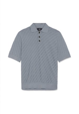 Helehall halli lühikese varrukaga polosärk, millel on tekstuuriga diagonaalne muster, kolm tumedat nööpi ning soonikkoes krae ja mansetid.