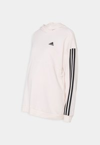 Felpa Adidas rosa chiaro con logo nero sul petto, tre strisce nere lungo le maniche e dettaglio con cordoncino sul lato.