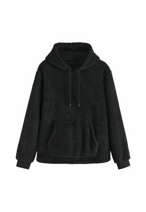 Black fleece hoodie with a textured, plush surface, a front pouch pocket, adjustable drawstrings, and ribbed cuffs.