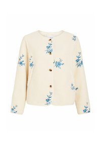 Jakna kremne teksture na gumbe z modrimi cvetličnimi vezeninami, razpršenimi po rokavih in sprednjem delu, z okroglim izrezom in dolgimi rokavi.