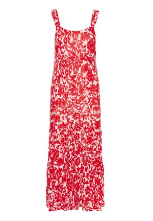 Red and white floral maxi dress with a loose fit, square neckline, wide straps, and a flowing, textured fabric design.