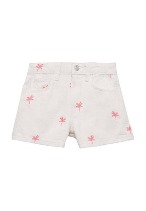 Short en coton blanc avec motifs de palmiers rose brodés, bouton devant, passants pour ceinture et poches avant.